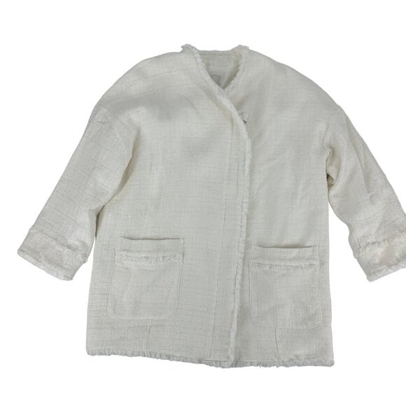 Joie Winter White Blazer Hidden Zipper Oversized Fringe Size Small Cotton Wool B - Picture 2 of 10